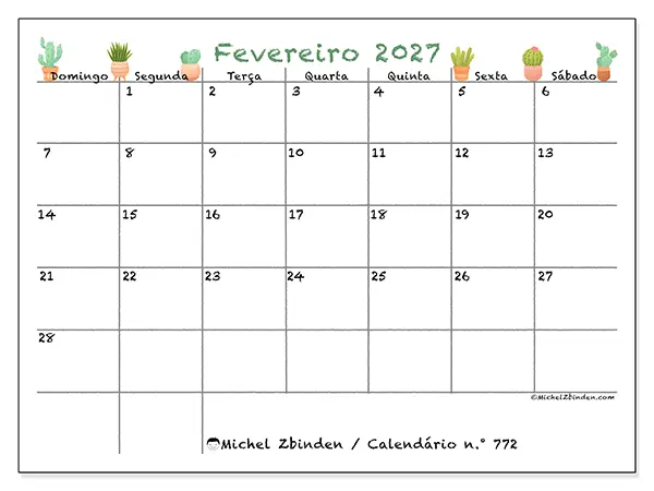 Calendário de fevereiro de 2027 para imprimir - Cactos decorativos - Semana: de domingo a sábado