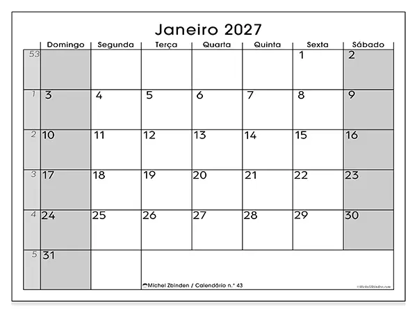 Calendário de janeiro de 2027 para imprimir - Organização perfeita - Semana: de domingo a sábado
