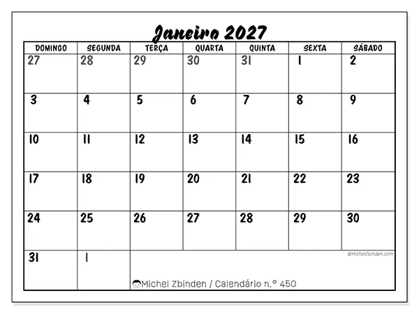Calendário de janeiro de 2027 para imprimir - Organização detalhada - Semana: de domingo a sábado