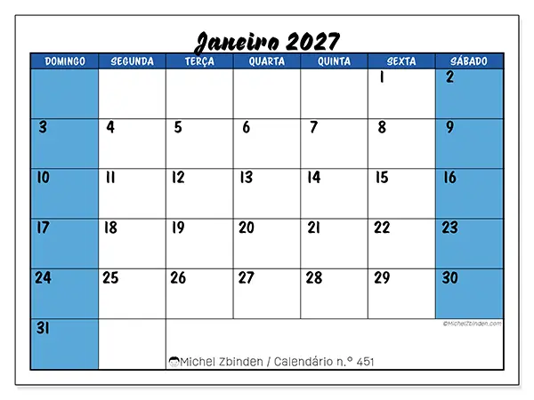 Calendário de janeiro de 2027 para imprimir - Organização dinâmica - Semana: de domingo a sábado