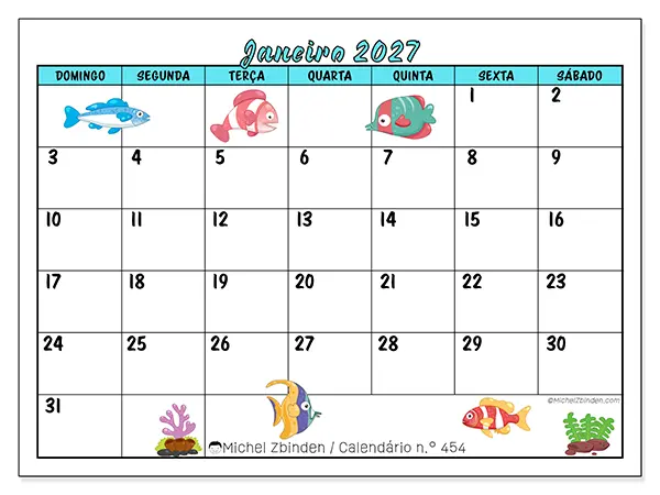 Calendário de janeiro de 2027 para imprimir - Peixes coloridos - Semana: de domingo a sábado