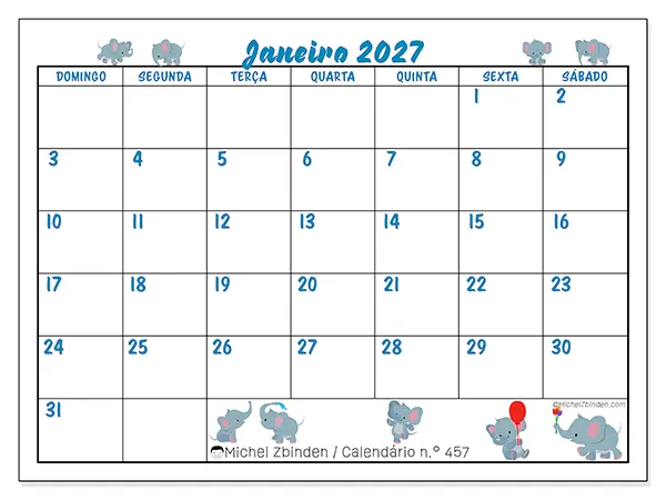 Calendário de janeiro de 2027 para imprimir - Pequenos elefantes - Semana: de domingo a sábado