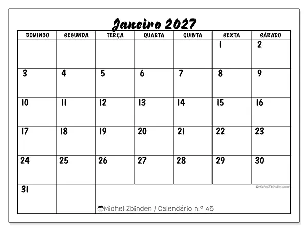 Calendário de janeiro de 2027 para imprimir - Sucesso escolar - Semana: de domingo a sábado