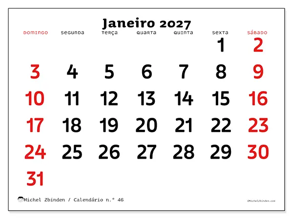 Calendário de janeiro de 2027 para imprimir - Visão clara - Semana: de domingo a sábado