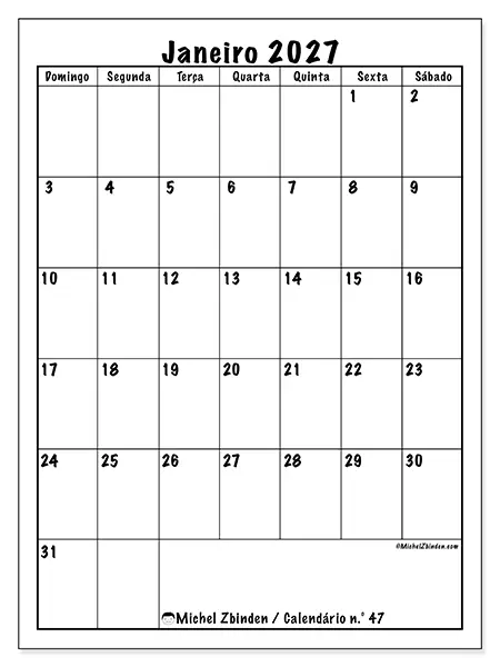 Calendário de janeiro de 2027 para imprimir - Planeamento eficiente - Semana: de domingo a sábado