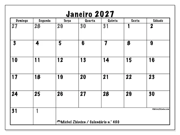 Calendário de janeiro de 2027 para imprimir - Planeamento completo - Semana: de domingo a sábado