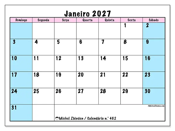 Calendário de janeiro de 2027 para imprimir - Horário de equipa - Semana: de domingo a sábado