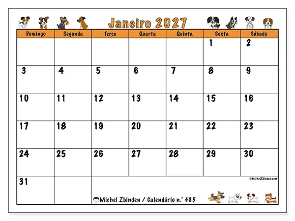 Calendário de janeiro de 2027 para imprimir - Cães entusiasmados - Semana: de domingo a sábado
