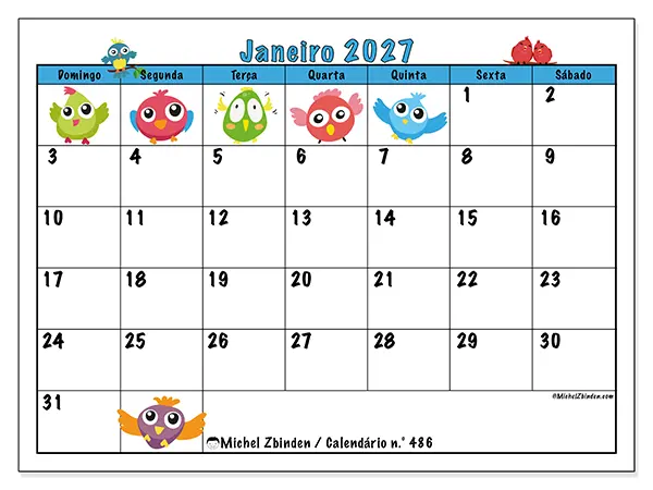 Calendário de janeiro de 2027 para imprimir - Pássaros divertidos - Semana: de domingo a sábado