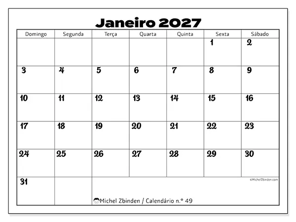 Calendário de janeiro de 2027 para imprimir - Coordenação produtiva - Semana: de domingo a sábado