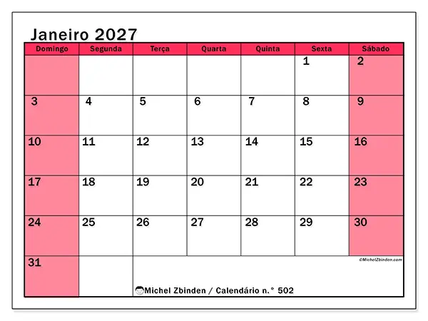 Calendário de janeiro de 2027 para imprimir - Gestão luminosa - Semana: de domingo a sábado