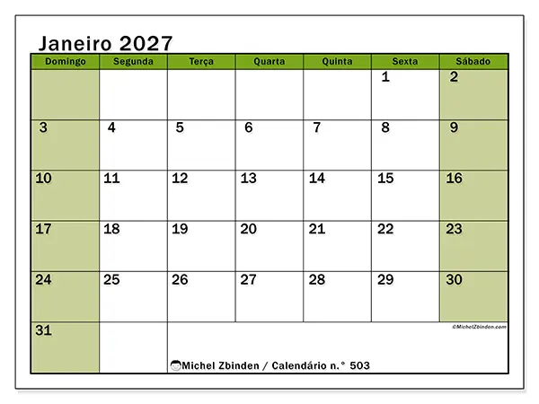 Calendário de janeiro de 2027 para imprimir - Organização viva - Semana: de domingo a sábado