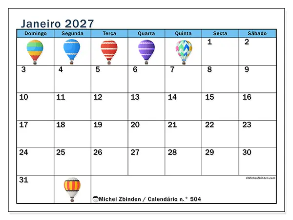 Calendário de janeiro de 2027 para imprimir - Balões de ar quente - Semana: de domingo a sábado