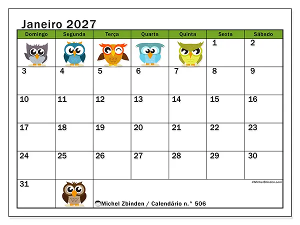 Calendário de janeiro de 2027 para imprimir - Corujas divertidas - Semana: de domingo a sábado