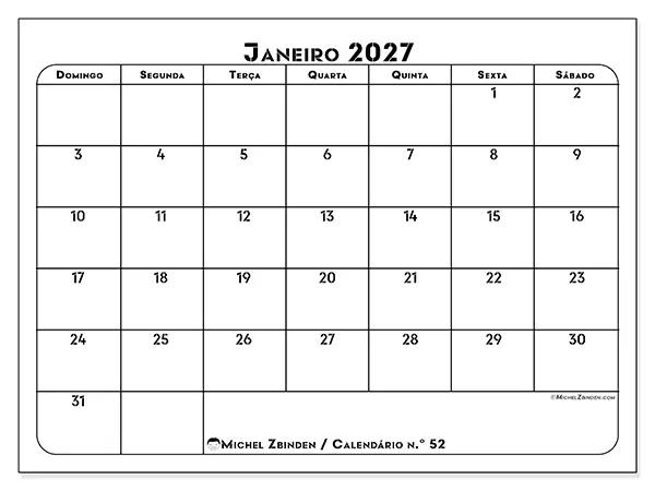 Calendário de janeiro de 2027 para imprimir - Organização profissional - Semana: de domingo a sábado