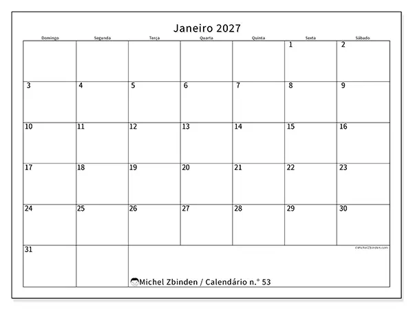 Calendário de janeiro de 2027 para imprimir - Horário eficiente - Semana: de domingo a sábado
