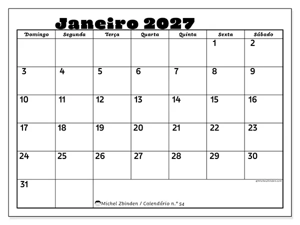 Calendário de janeiro de 2027 para imprimir - Atividades em família - Semana: de domingo a sábado