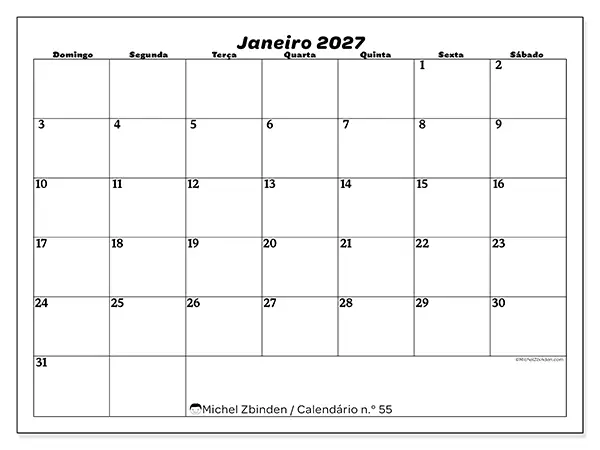 Calendário de janeiro de 2027 para imprimir - Organização do lazer - Semana: de domingo a sábado