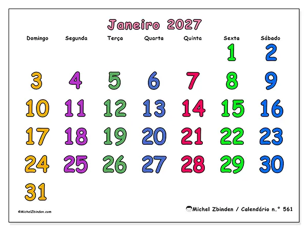 Calendário de janeiro de 2027 para imprimir - Momentos criativos - Semana: de domingo a sábado