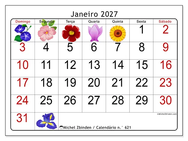 Calendário de janeiro de 2027 para imprimir - Flores grandes - Semana: de domingo a sábado
