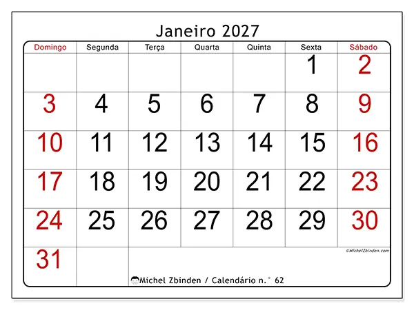 Calendário de janeiro de 2027 para imprimir - Leitura rápida - Semana: de domingo a sábado