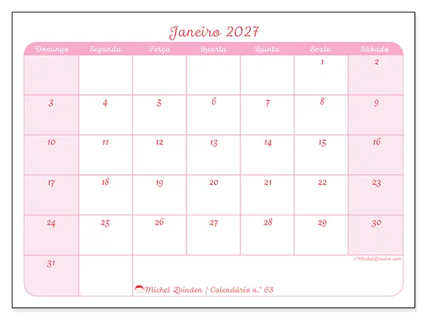 Calendário de janeiro de 2027 para imprimir - Organização suave - Semana: de domingo a sábado
