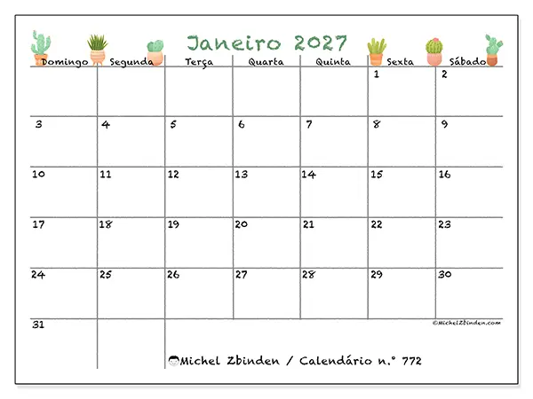 Calendário de janeiro de 2027 para imprimir - Cactos decorativos - Semana: de domingo a sábado