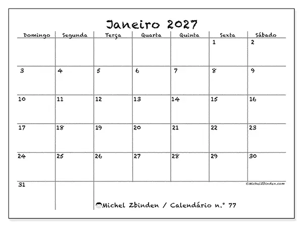 Calendário de janeiro de 2027 para imprimir - Escola e família - Semana: de domingo a sábado