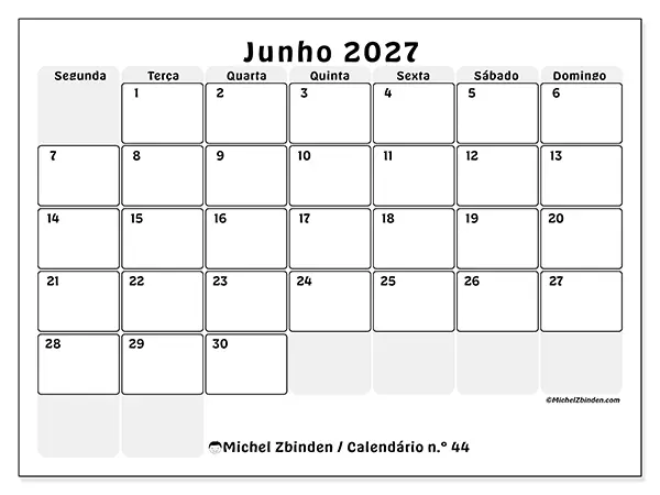 Calendário de junho de 2027 para imprimir - Planeamento estruturado