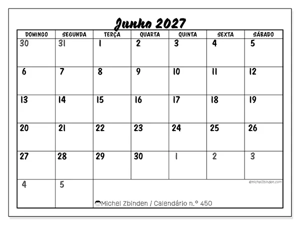 Calendário de junho de 2027 para imprimir - Organização detalhada - Semana: de domingo a sábado