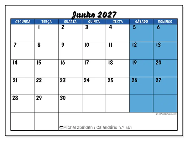 Calendário de junho de 2027 para imprimir - Organização dinâmica