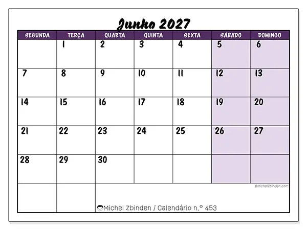 Calendário de junho de 2027 para imprimir - Eficiência colorida