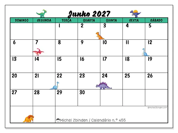 Calendário de junho de 2027 para imprimir - Pequenos dinossauros - Semana: de domingo a sábado
