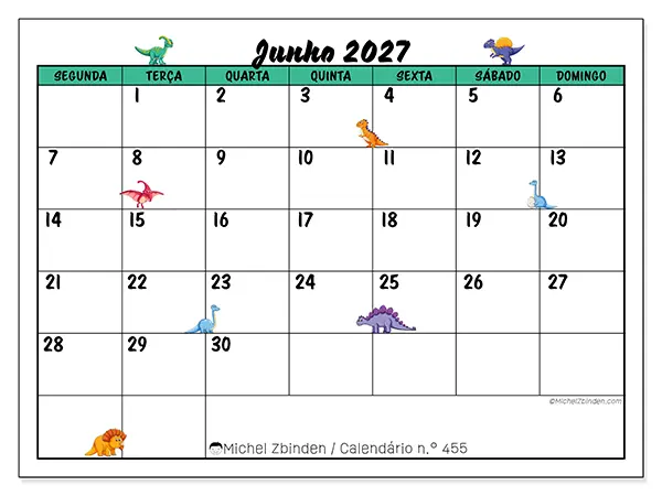 Calendário de junho de 2027 para imprimir - Pequenos dinossauros