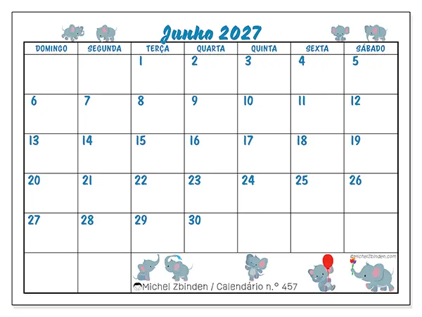 Calendário de junho de 2027 para imprimir - Pequenos elefantes - Semana: de domingo a sábado