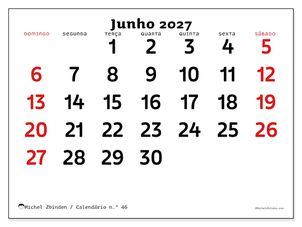 Calendário de junho de 2027 para imprimir - Visão clara - Semana: de domingo a sábado