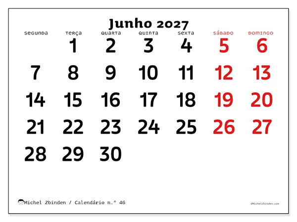 Calendário de junho de 2027 para imprimir - Visão clara