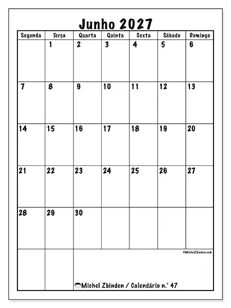 Calendário de junho de 2027 para imprimir - Planeamento eficiente