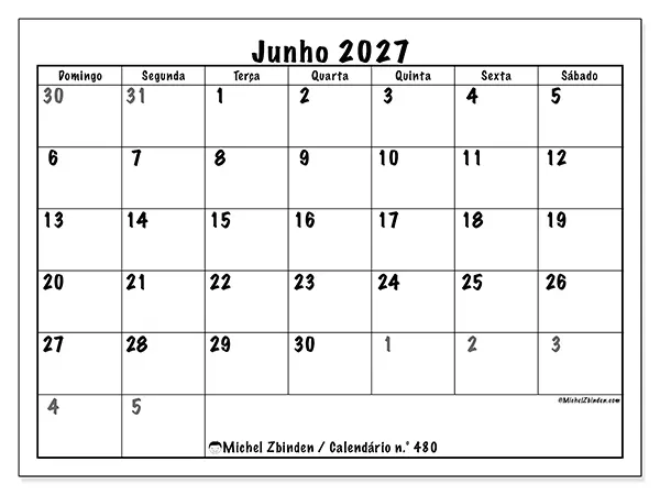 Calendário de junho de 2027 para imprimir - Planeamento completo - Semana: de domingo a sábado