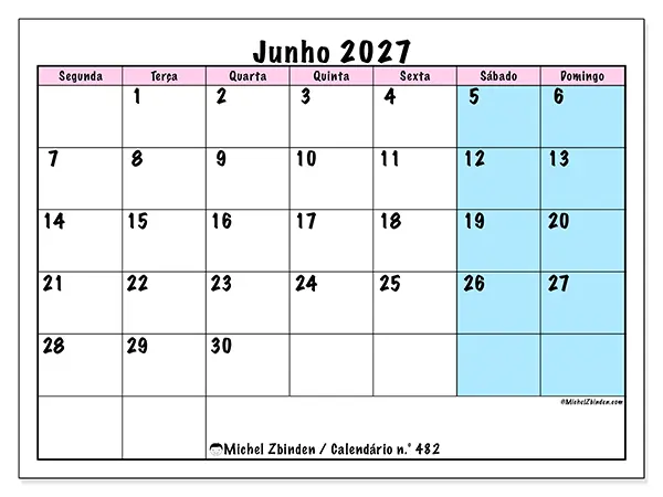Calendário de junho de 2027 para imprimir - Horário de equipa