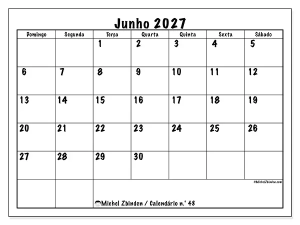 Calendário de junho de 2027 para imprimir - Eficiência diária - Semana: de domingo a sábado