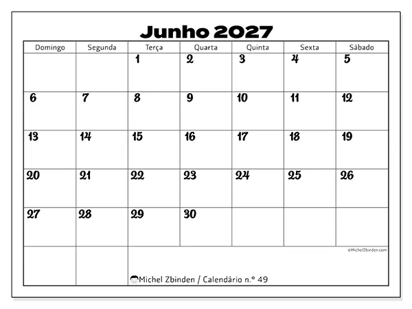 Calendário de junho de 2027 para imprimir - Coordenação produtiva - Semana: de domingo a sábado