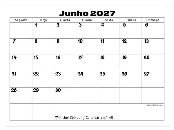 Calendário de junho de 2027 para imprimir - Coordenação produtiva