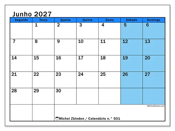 Calendário de junho de 2027 para imprimir - Estudos dinâmicos