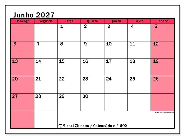 Calendário de junho de 2027 para imprimir - Gestão luminosa - Semana: de domingo a sábado