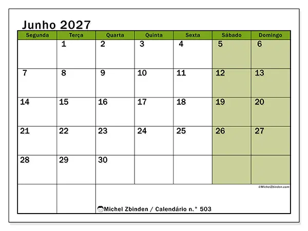Calendário de junho de 2027 para imprimir - Organização viva