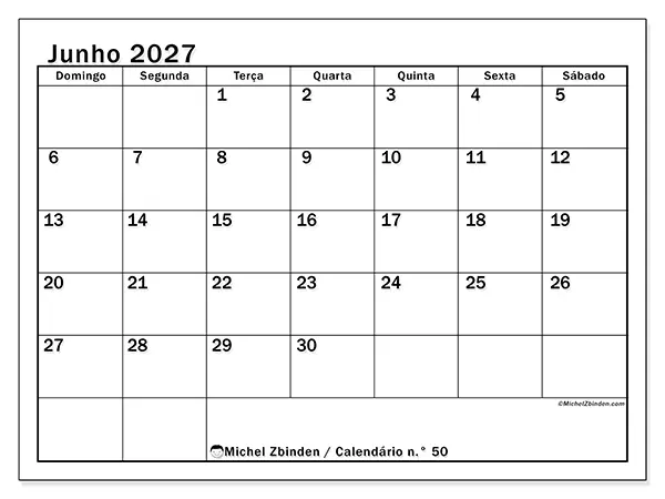 Calendário de junho de 2027 para imprimir - Planeamento ideal - Semana: de domingo a sábado