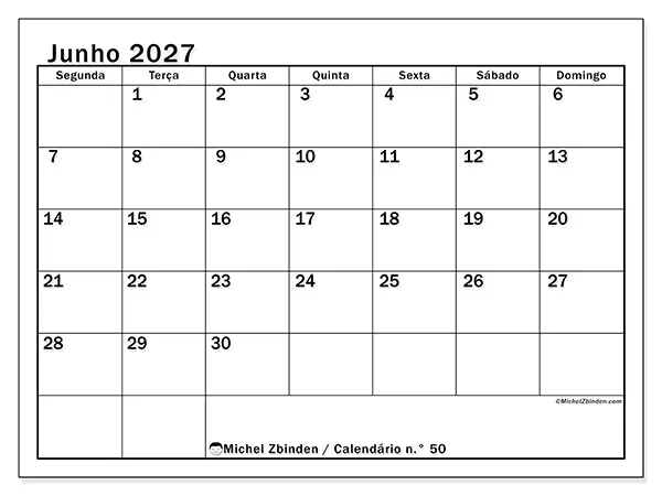 Calendário de junho de 2027 para imprimir - Planeamento ideal