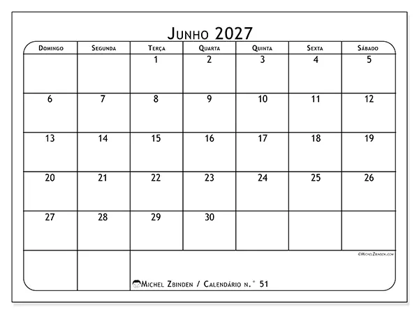 Calendário de junho de 2027 para imprimir - Planeador de refeições - Semana: de domingo a sábado