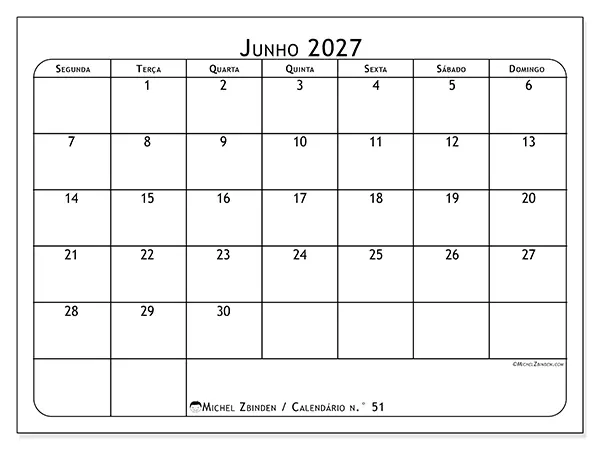 Calendário de junho de 2027 para imprimir - Planeador de refeições